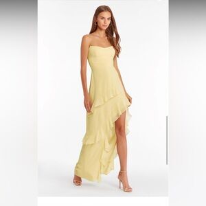 Amanda Uprichard Strapless Ruffle High-Low Gown in Pale Yellow
